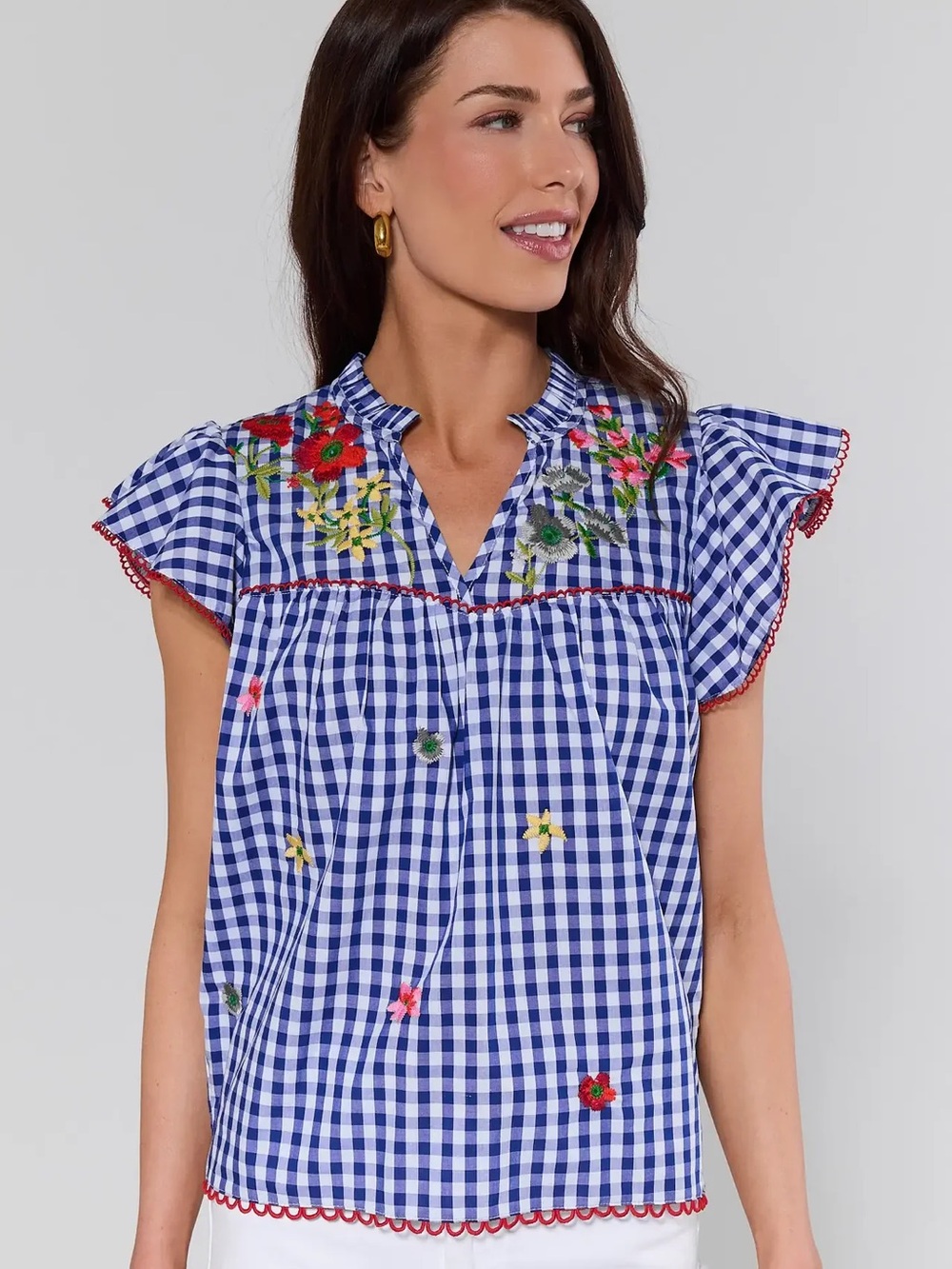 Adela Blue Gingham Embroidered Flutter-Sleeve Top NWT - L - Picture 3 of 3